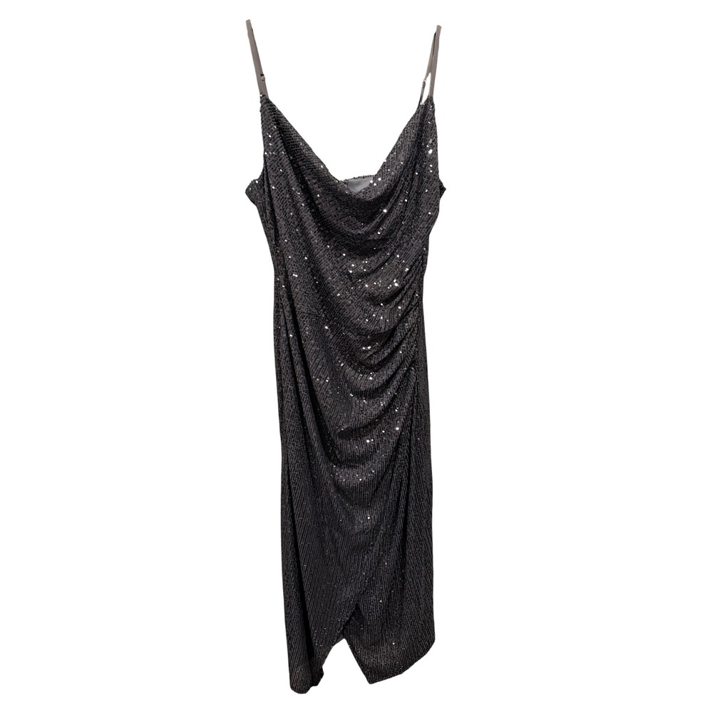 Laundry By Shelli Segal Dress Grey Sequin Cowl Neck Ruched Midi Evening 14